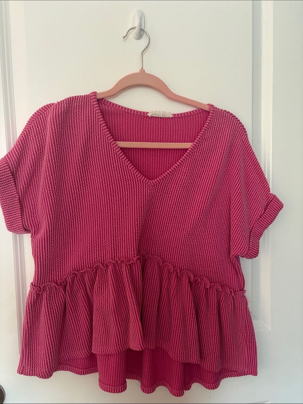 Jolie Ruffled V-Neck Peplum Top - Hot Pink